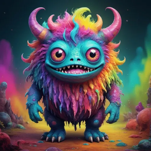 Prompt:  Cute monstrous creature boasting a spectrum of vibrant hues, captured in 4K resolution, utilizing RFKTR art style, showcased as a mixed media piece, whimsical charm, digital painting, ultra realistic textures, bright saturation.