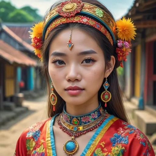 Prompt: Hyperrealistic portrait of a beautiful young woman Vietnamese, 18 years old,  wearing intricately detailed colorful clothing and futuristic jewellery, village setting . HDR + , UHD, supper detail, 8K