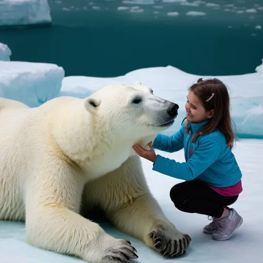 Prompt: a girl petting at polar bear

