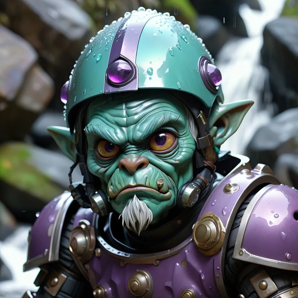 Prompt: Double exposure; glossy grizzled goblin warlock teal-colored mottled skin, crouching beneath armored helmet, in heavy rain, futuristic exosuit various poses, expressions, waterfalls, intense blacks, exposed_rocks with black layer; waxy_purple_amber_green , detailed, futuristic, photorealistic, maximalist; Makoto Shinkai, J.C. Leyendecker, ilya Kuvshinov, Royo, Karol Bak, Alphonse Mucha, Jordan Grimmer, Greg Rutkowski