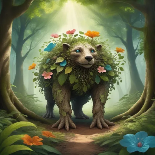 Prompt: Surreal creature with petals and leaves instead of fur, rooted feet extending into the earth, sprouting in a lush forest, dappled sunlight filtering through the canopy above, organic textures, seamless integration of flora and fauna, nature fusion concept, digital painting, highly detailed, vivid colors