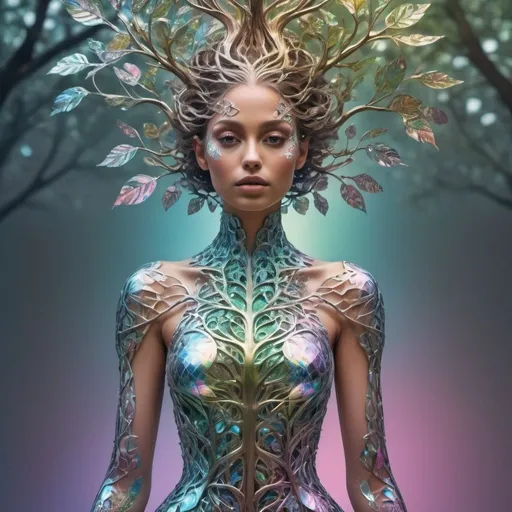 Prompt: a human body which looks like a tree, head like a treetop, wearing a sartorial beautiful dress out of holographic patterns, iridescent, leaves shaped out of metal, lightfull scene, mystical, ritualistic