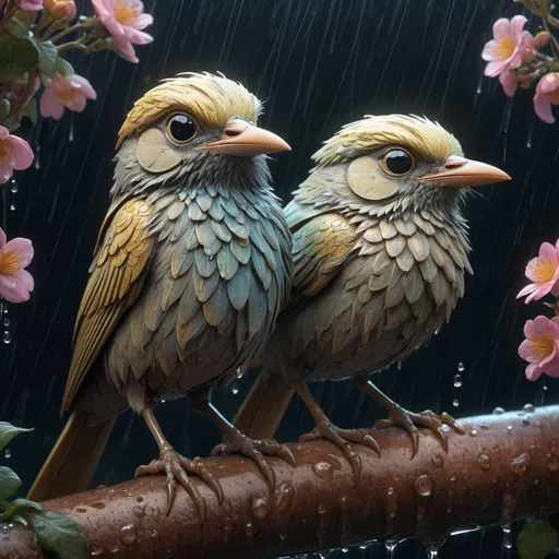 Prompt: A family of cute little birds gathered in the rain, cute and adorable, filigree, long striped tail, reflective eyes, flowers, rim lighting, lights, extremely fluffy, detailed eyes. magic, surreal, fantasy, digital art, wlop, artgerm and james jean, ultra hd, realistic, vivid colors, highly detailed, UHD drawing, pen and ink, perfect composition, beautiful detailed intricate insanely detailed octane render trending on artstation, 8k artistic photography, photorealistic concept art, soft natural volumetric cinematic perfect light, sf, intricate artwork masterpiece, ominous, matte painting movie poster, golden ratio, trending on cgsociety, intricate, epic, trending on artstation, by artgerm, h. r. giger and beksinski, highly detailed, vibrant, production cinematic character render, ultra high quality model, Miki Asai Macro photography, close-up, hyper detailed, trending on artstation, sharp focus, studio photo, intricate details, highly detailed, by greg rutkowski, Watercolor, trending on artstation, sharp focus, studio photo, intricate details, highly detailed, by greg rutkowski