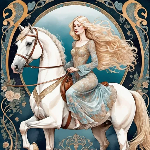 Prompt: Lady Godiva riding a white horse, long blonde hair, in a long dress with long sleeves, glitter depth, art nouveau patterns, mixed media: delicate watercolor painting   vector graphics   pen drawing, symbolism, maximalism, intricate details, bohemian, elegant, aesthetic, lineout