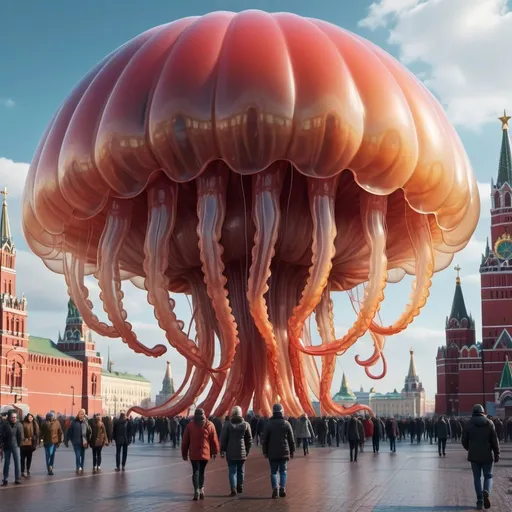 Prompt: An amazingly delicate and photorealistic 8k. A Giant translucent multicolored jellyfish floats over Moscow Red Square.  the people walk around oblivious, sf, intricate artwork masterpiece, ominous, matte painting movie poster, golden ratio, trending on cgsociety, intricate, epic, trending on artstation, by artgerm, h. r. giger and beksinski, highly detailed, vibrant, production cinematic character render, ultra high quality model