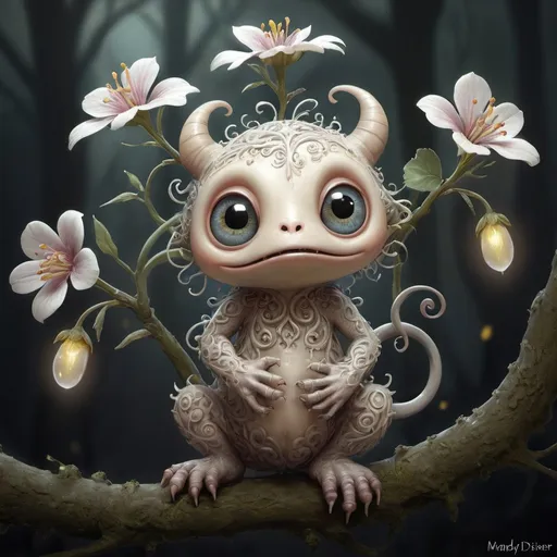 Prompt: art by  mandy disher,monstercreature 
luminism, , WLOP  greg rutkowski,  craola,  , romantic, mystical,  , cute, fantasy,    flowers, tree branches,  ,  complex background, dynamic lighting, lights, digital painting, intricate pose, highly detailed , cute, filigree, intricate, 