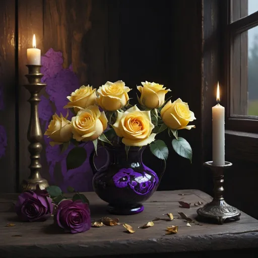 Prompt: stunning still-life, vintage, rural, dark, atmospheric, close up yellow roses in simple small vase, dark red, violet, lilac, purple, candle, hypermaximalist, insanely detailed and intricate, sharp, crisp, alluring, bright, contrast, mossy bark wall, old dark wood table reflecting, black dark table, dark wood wall, black back, palette knife, by isaac levitan, sf, intricate artwork masterpiece, ominous, matte painting movie poster, golden ratio, trending on cgsociety, intricate, epic, trending on artstation, by artgerm, h. r. giger and beksinski, highly detailed, vibrant, production cinematic character render, ultra high quality model