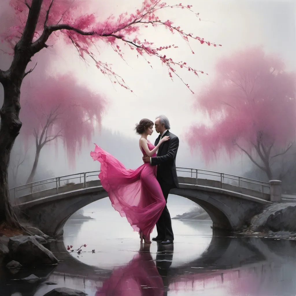 Prompt: Handsome man and a beautiful woman in hot pink chiffon gown dancing, cherry trees everywhere beautiful bridge, beautiful lake, the background is misty fog, cinematic  quality, style of  Jeremy Mann,  Peter Elson, Alex Maleev, Ryohei Hase, Raphael Sanzio, Pino Daheny, charlie bowater, Albert Joseph Penot, Ray Caesar, hr giger, gustave dore, Stephen Gammell, proper body proportion, two hands, two legs 