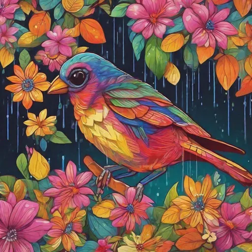 Prompt: Create a Costa Rican the most bright bird in the flowers under the rain