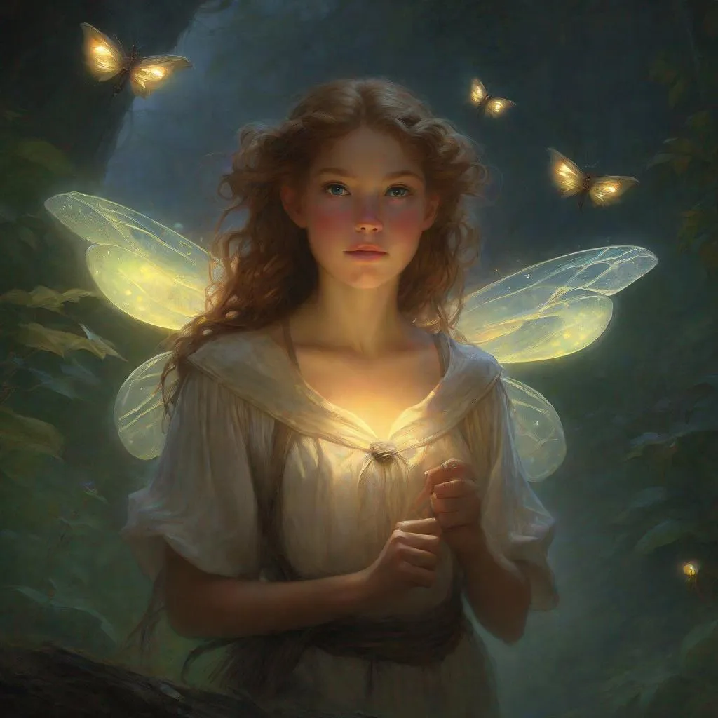 Prompt: a female staring into the camera, misty wisps, fireflies, Lilia Alvarado, Sophie Anderson, Mark Arian, Bob Byerley, Charlie Bowater, Mark Brooks, Steve Henderson, Justin Gerard, Arthur Hughes, Edward Robert Hughes, Mark Keathley, Victor Nizovtsev, Carlos Shwabe, Ross Tran, WLOP