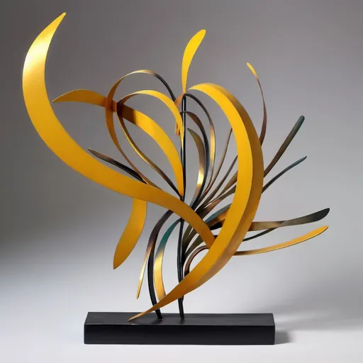Prompt: unique metal abstract tabletop sculpture, goldenrod metal, colorful background