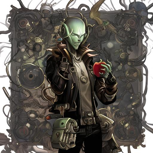 Prompt: Exploding alien steampunk style holding apple ipad in his hands