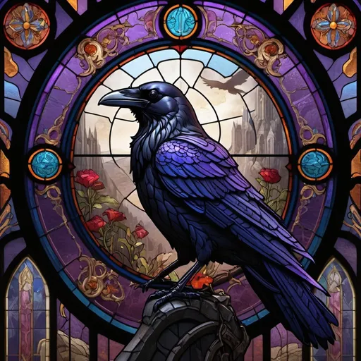 Prompt: Stained glass raven, detailed matte painting, deep color, fantastical, intricate detail, splash screen, complementary colors, fantasy concept art, 8k resolution trending on Artstation Unreal Engine 5