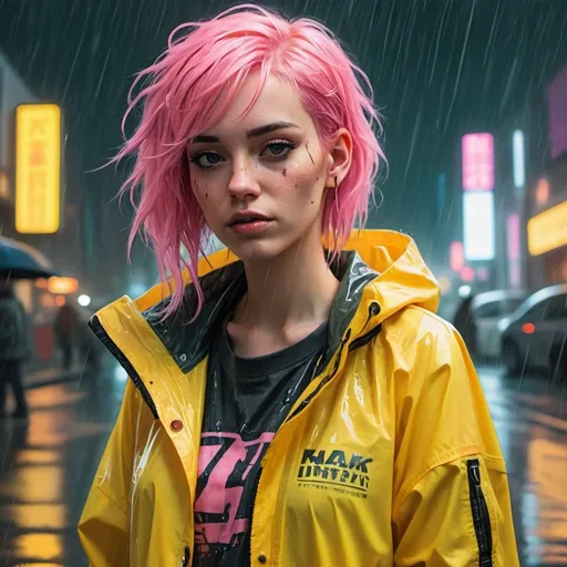 Prompt: woman in clear yellow anorak with pink hair standing in the rain, loose sketch, cyberpunk aesthetic


