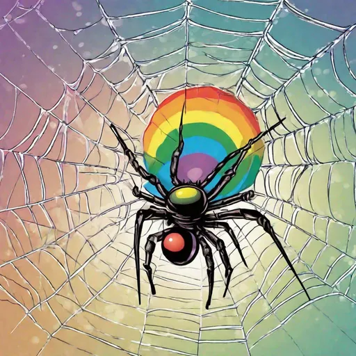 Prompt: a spider holdling a rainbow in his net ,  comic style