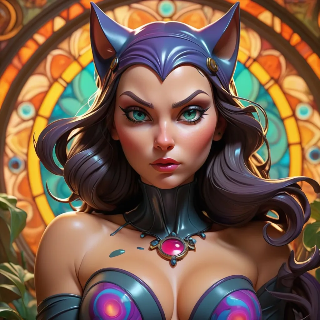 Prompt: lightinghttps://cdn.openart.ai/uploads/upscaled/psychedelic-art-style-vivid-color-8k-professional_bAIoE1wB_upscaled.jpg, Catwoman curvy, highly detailed, attractive, Detailed Render, eye-candy, Breathtaking,8k resolution Greg Rutkowski, Artgerm, WLOP, Alphonse Mucha dynamic lighting hyperdetailed intricately detailed Splash art trending on Artstation triadic, professional vivid colors Unreal Engine 5 volumetric 