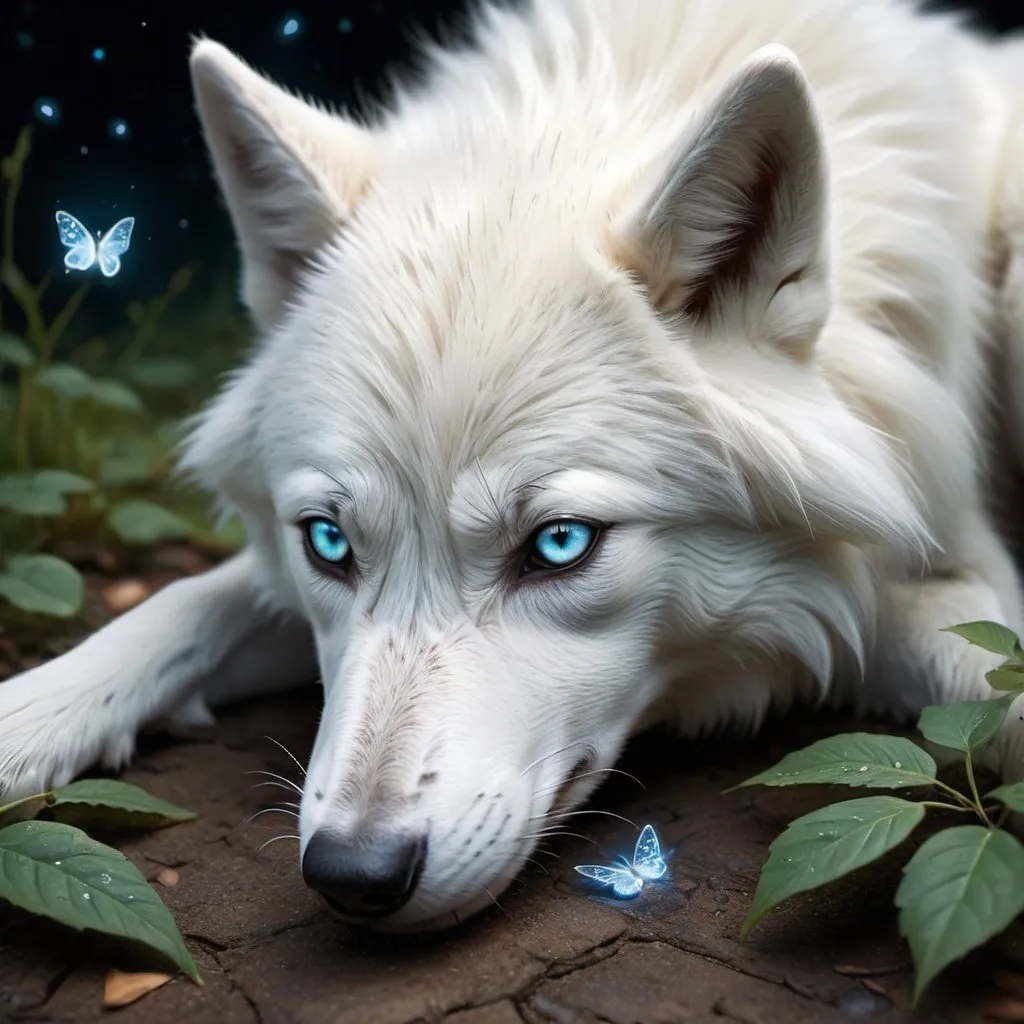 Prompt: A hyper-realistic digital artwork of an adorable cute white wolf lying on the ground, looking directly at the viewer with big and blue, expressive eyes. The fur of the wolf is dense and textured, with each hair finely detailed and shimmering with tiny fireflies under a dimly lit night sky. Leaves gently fall around it, adding to the magical, serene atmosphere. The scene is set on a rough textured surface that resembles the wood. The color palette is dominated by shades of green and grey, emphasizing a chilly, enchanting ambiance