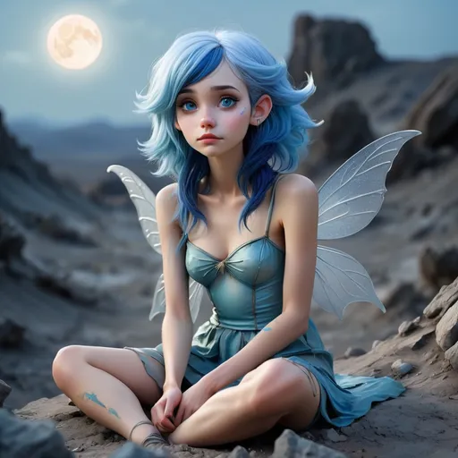 Prompt: photo-realistic beautiful slender hyper-feminine female blue-haired fairy sitting in a desolate moonscape