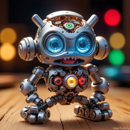 Prompt: Cute leds toy. Mechanical. Intricate on a wood table. Leds., Miki Asai Macro photography, close-up, hyper detailed, trending on artstation, sharp focus, studio photo, intricate details, highly detailed, by greg rutkowski