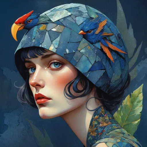 Prompt: in iridescent stone texture pachwork, tropical birds in garden, watercolor and ink imperial colors, Art Deco by Annigoni, Egon Schiele, Milo Manara, Botticelli, Catrin Welz-Stein, Jean Metzinger, Klimt, perfect eyes, perfect handsface, highly detailed, splatter, dynamic pose, dark blue background , professional ominous concept art, by artgerm and greg rutkowski, an intricate, elegant, highly detailed digital painting, concept art, smooth, sharp focus, illustration, in the style of simon stalenhag, wayne barlowe, and igor kieryluk.