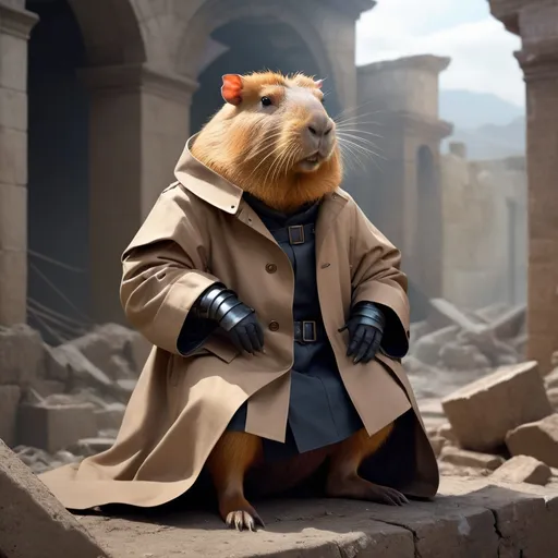 Prompt: ultra realistic capybara in trench coat illustration, beautiful Capybara humanoid in armor in typical clothing, sitting on ruins, intricate, elegant, highly detailed, digital painting, art station, concept art, sharp soft focus, illustration, 8k, art by Artgerm and Greg Rutkowski and alphonse muchacapy bara capybara