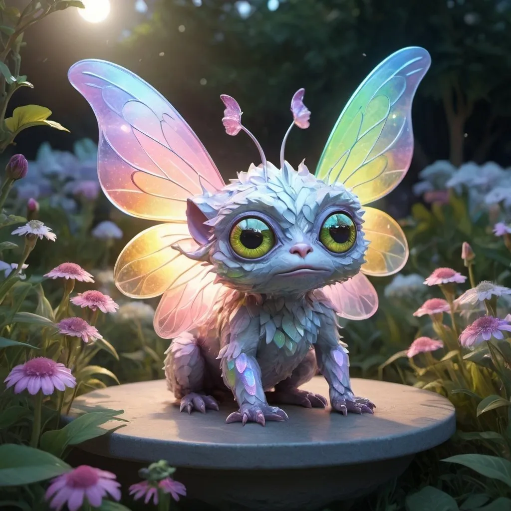 Prompt: Highly detailed sketch, photorealism.
 A strange creature, a hybrid of a fairy and a gremlin, huge reflective eyes, a fluffy body, gorgeous transparent shining sparkling opalescent wings, sits in a flower garden in the light of the moon. fantasy, hdri, rainbow-glitter, depth of shadows. @anitriks, low poly, isometric art, 3d art, high detail, artstation, concept art, behance, ray tracing, smooth, sharp focus, ethereal lighting