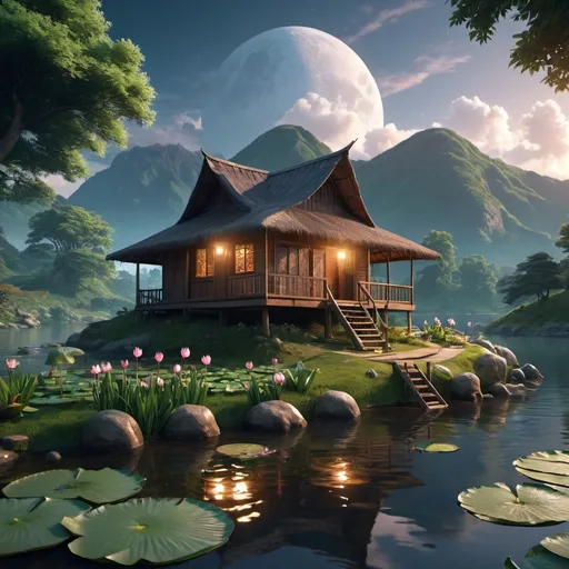 Prompt: (extremely detailed CG unity 8k wallpaper), (((masterpiece))), (((best quality))), ((ultra-detailed)), (best illustration), (best shadow), ((an extremely delicate and beautiful)), dynamic angle, long shot of a hut by the river, large mountains, clouds under passing beautiful trees tops, dusk time, water lilies in the lake blooming, lush plants, moonlight shining through the white clouds, bold colors, hyper