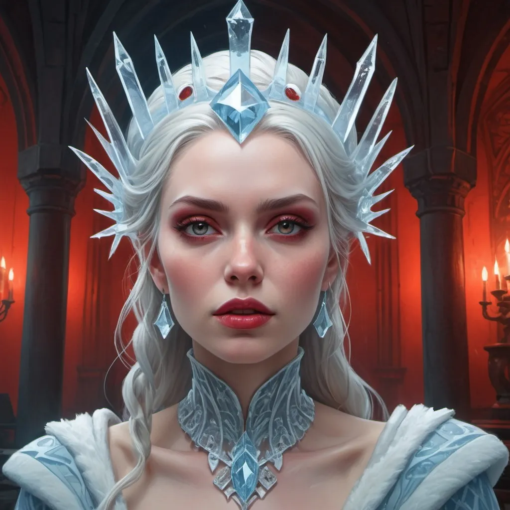 Prompt: Ice queen in a castle made our of ice, red make-up, realistic lighting, realistic face, realistic reflections, could, ice, professional ominous concept art, by artgerm and greg rutkowski, an intricate, elegant, highly detailed digital painting, concept art, smooth, sharp focus, illustration, in the style of simon stalenhag, wayne barlowe, and igor kieryluk., trending on artstation, sharp focus, studio photo, intricate details, highly detailed, by greg rutkowski