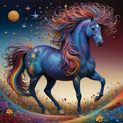 Prompt:  The most beautiful full body image of a made of stars and other heavenly bodies is central to the image; full body, incredibly long and luxurious fractal mane of stars sweeps out behind it; cantering across surreal fields of fractal rainbow colors; clear fractal details and 3D texture brush lines; very very soft quilling; in the style of Hieronymus Bosch, Mandy Disher; idyllic background with a spectacular midnight blue background; bold colours of cerulean blue, maroon, gold, purple and complementary colours and colours should pop; high contrast; Klimt; Bess Hamiti; multi-layered style; whimsical nature; ink painting; surreal style;