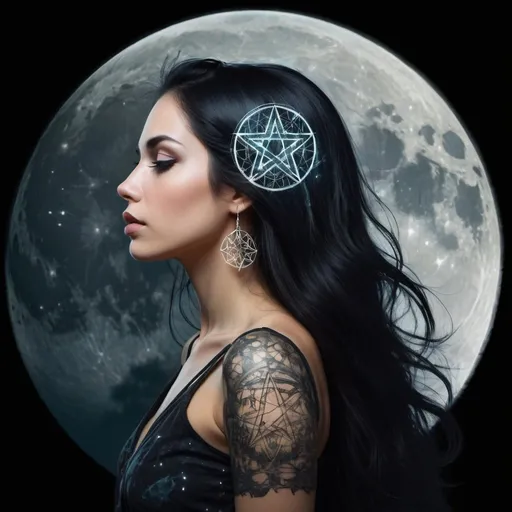 Prompt: profile of a beautiful woman, full moon, goddess,  black hair, dark background, pentagram, pensive, digital art, in style of transparent double exposure, vibrant, beautiful, detailed, intricate,