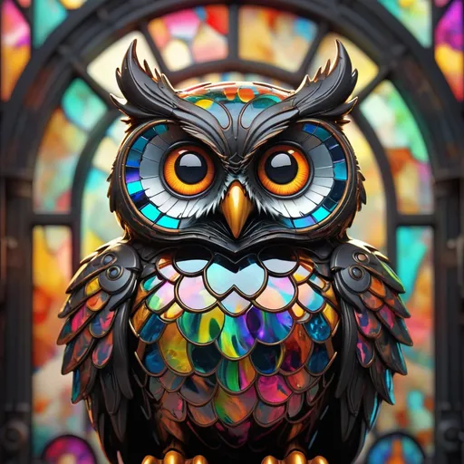 Prompt: Splash ink, stained glass, owl, hyper cute, big eyes, best quality, fragil, dynamic, transparency, vintage, vibrant colors, complex background, mysterious, highly detailed, 8k, neon ambiance, abstract black oil, gear mecha, detailed acrylic, grunge, intricate complexity, rendered in unreal engine, photorealistic