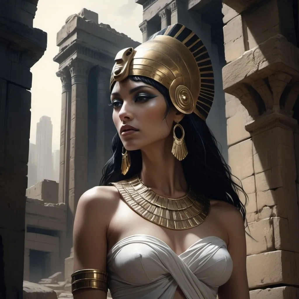 Prompt: Ethereal Cleopatra intertwines with city ruins, digital painting in the style of Mario Sorrenti's fashion sensibility, sharp contrasts, Batcave backdrop, chiaroscuro detail in the style of Jae Lee, mysterious urban fantasy, dramatic light and shadow interplay, intricate linework, otherworldly atmosphere, ultra realistic, cinematic allure.