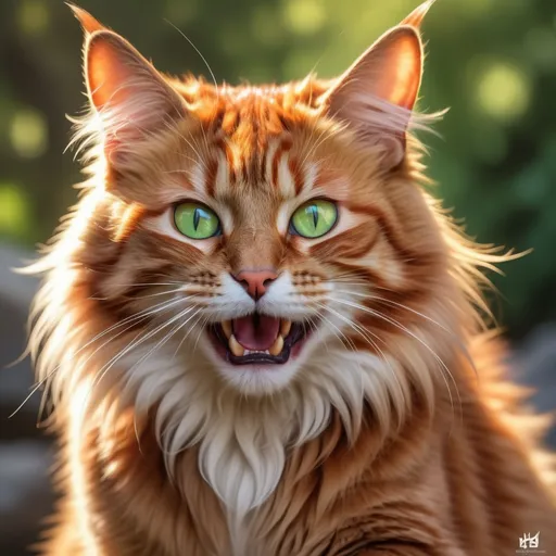 Prompt: warrior cat with {fiery orange fur} and bright green eyes, young male cat, epic anime portrait, beautiful 8k eyes, fine oil painting, intense, lunging at viewer, wearing shiny bracelet, solid red belly, worm's eye view, zoomed out view of character,  (unsheathed claws), visible claws, 64k, hyper detailed, expressive, intense, hissing cat, aggressive, intelligent, lithe, small, covered in scratches and scars, thick billowing mane, glistening golden fur, golden ratio, precise, perfect proportions, vibrant, prowling by a sun-bathed river, hyper detailed, dynamic, complementary colors, UHD, HDR, top quality artwork, beautiful detailed background, unreal 5, artstaion, deviantart, instagram, professional, masterpiece