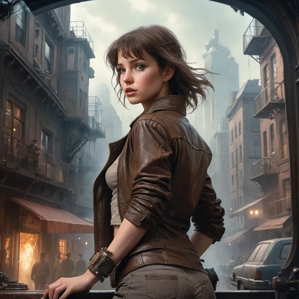 Prompt: art by cameron gray, 

straight brunette hair, dove grey eyes, looking over her shoulder while running, window over magic steampunk city in background, 

brown leather adventurer's clothes,steampunk , futuristic, ((woman 20 years)),
Young Salvage Specialist, Gunslinger and tinker

 [[watercolor painting]], detailed background, Jean-Baptiste Monge style, bright, beautiful  in spring, splash, big perfect eyes, Glittering , filigree, rim lighting, lights, magic, surreal, fantasy, digital art, wlop, artgerm and james jean, cinematic, 8k, epic Steven Spielberg movie still, sharp focus, emitting diodes, smoke, artillery, sparks, racks, system unit, motherboard, by pascal blanche rutkowski, repin, artstation, hyperrealism painting, concept art of detailed character design, matte painting, 8 k resolution, blade runner, cinematic, 4k, epic Steven Spielberg movie still, sharp focus, emitting diodes, smoke, artillery, sparks, racks, system unit, motherboard, by pascal blanche rutkowski repin artstation hyperrealism painting concept art of detailed character design matte painting, 4 k resolution blade runner