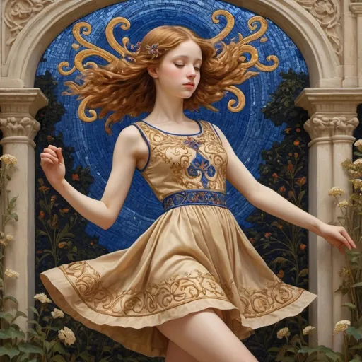 Prompt: Art Mérovingien ,art Gothic,gingerbread-hair girl dancing amidst the embroidered scrolls in a Heaven garden,soft smile,side view,Byzantine art,by Nicolas Poussin,Lawrence Alma-Tadema Eneliaur_alguran,Amy Brown,Lucian Freud, Yoshitomo Nara,Hildebrandt Brothers, dancing, golden rubis lapis spinel fantastic short dress embroidered with fleur-de-lis,bright, highly detailed face and body,splash, Glittering, cute and adorable,fantasy  stained glass, stunning, soft and deep summer sunset sky,mythical being,breathtaking beauty,pure perfection,golden ratio,shadow play,perfect lights, Majestic, sense of depht, 