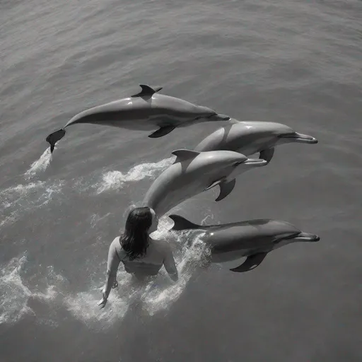 Prompt: A photographic image of a lady swimming with dolphins in the sea.