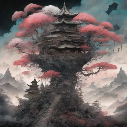 Prompt: (masterpiece, best quality:1.4), 
super fine dreamy double exposure manga art, 
inspired by   brian mashburn  | sesshu |  Dan Mumfold , 
detailed pen and ink, 
eye-catching, gothic luminous horror colors, 

mysterious profundity landscape background , 

meticulously detailed ,

kawaii steampunk neko-mata dancing by Kuniyoshi Utagawa | Klimt,  overaction, 
anime-inspired character, 
haze, mysterious, 


perfect composition,
epic, rtx on, 2D, UHD, 32K, HDR,  luminism, 