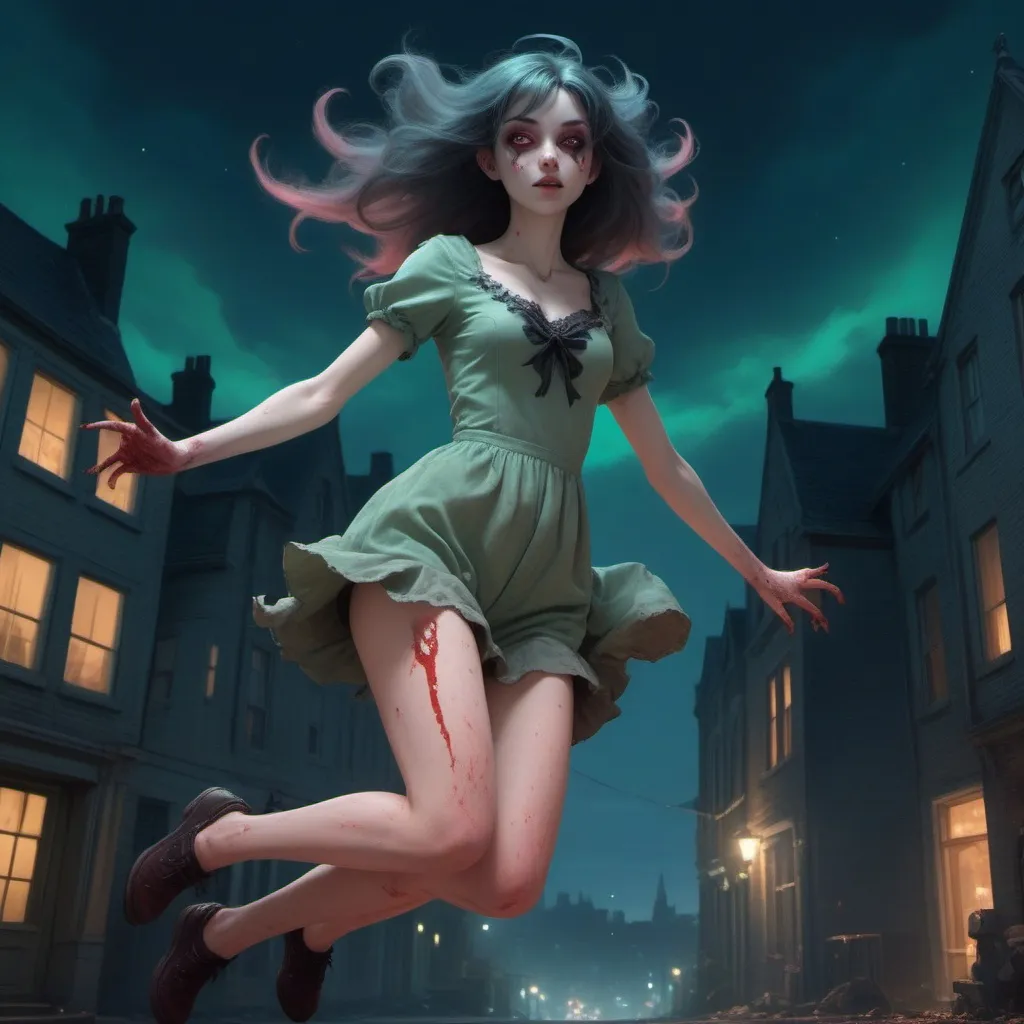 Prompt: beautiful succubus, legs showing, arms showing, jumping, fragonard, pixar, glowing eyes, dusk, Gothic, pale green skin, night sky, city, bioluminescent, wearing tattered clothing, blood, blood spatter, galaxy, backlit, glowing, delicate, peach, indigo, teal, grey, black, soft, straight hair, long hair, ethereal, dark night, luminous, 3D lighting, soft light, detailed face, realistic face, HD,  yellow school bus, ((bouncy castle)), ((jumping)), jump