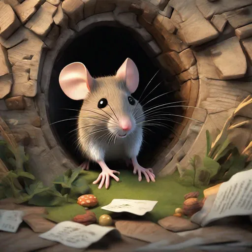 Prompt: a hole of a mouse, 3D pictures, storybook illustration, digital art, professional, high quality, detailed.