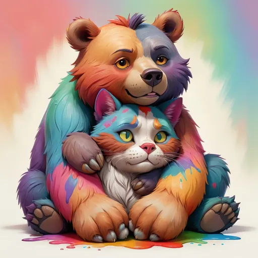 Prompt: A house cat cuddling on top of a bear in a colourful and semi-realistic painted style