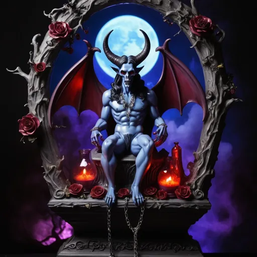 Prompt: ALL GLASSBLOWING VAMPIRE STYLE DOLL MAN devil Big baphomet big horns floating chains persons attached Big ring alcove dc comics style glassblowing trees flowers clouds vampire coffin blood fancy night moon spark of blue light bats red purple blue cream