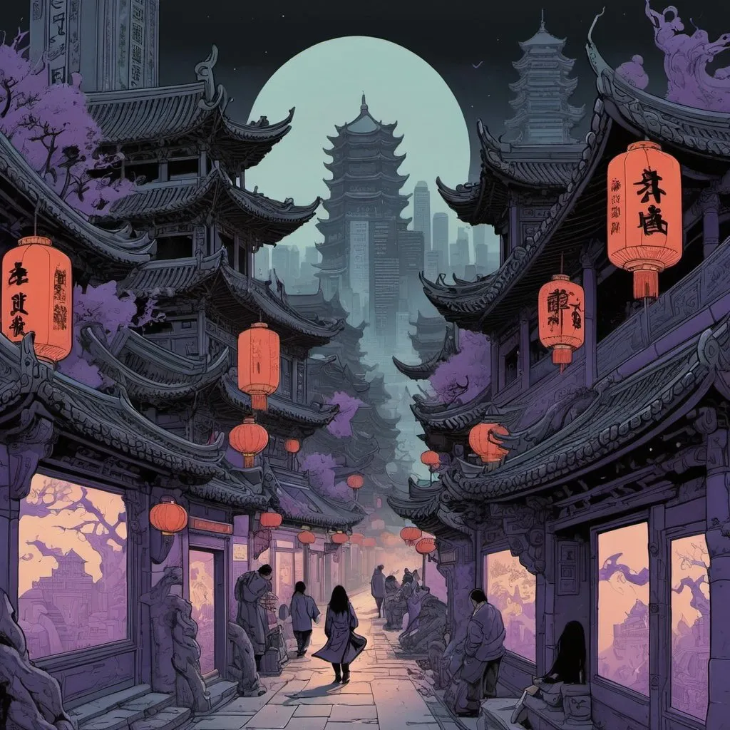 Prompt: Cover Art by Homer Hanuka. Fantasy ink painting. dark city, detailed dynamic, Beijing. By Dreamer 💜