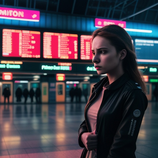 Prompt: Cinematic photography, modern, female at train station, proportionate, neon colors details, realistic, ultra 8k resolution