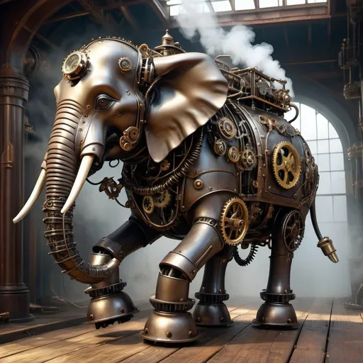 Prompt: Steam-powered robotic elephant, no legs but tentacle-like wires, intricate brass cogs visible, steam billowing, captured in steampunk style, richly textured surfaces, contrast between metallic sheen and shadowy recesses, ultra high definition 8k, digital painting