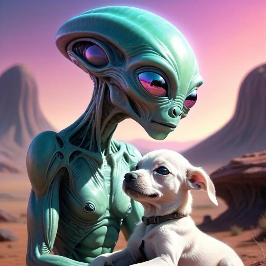 Prompt: Alien characterized by luminous, iridescent skin, engaging playfully with a youthful, earth-bound puppy, eyes meeting with a shared moment of joy, set against the backdrop of a fantastical extraterrestrial landscape, soft pastel tones, shadows delicately highlighting textures, digital painting, ultra fine detail, octane rendering.