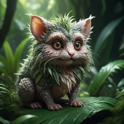 Prompt: Macro photography of an exquisitely beautiful, tiny furry creature tucked in a lush, enchanted jungle setting, close-up revealing hyper-detailed textures, trending on ArtStation, with sharp focus resembling a studio photo, intricate details akin to a Greg Rutkowski artwork, highly detailed, ultra-fine, octane rendering.