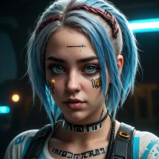 Prompt: best quality, realistic, masterpiece, an extremely grungy and beautiful, extremely detailed , highres, extremely detailed, curvy, beautiful detailed girl, head and shoulder body, realistic, cyberpunk, beautiful detailed brown eyes, light on face, cinematic lighting, facial piercings, blue hair