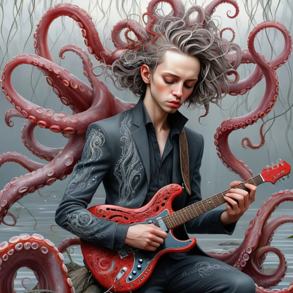 Prompt: art by cameron gray
 karol bak, Seb McKinnon,   
ultra highly detailed, detailed 
digital painting, highly detailed, intricated, intricated pose, clarity, high quality

"The octopus explain tentacles, playing guitar, grey/red, deep sea, weeping willow on the bank, intricately detailed, hyperdetailed, surreal, flowing acrylic  :: fantastical watercolour calligraphy by WLOP"
