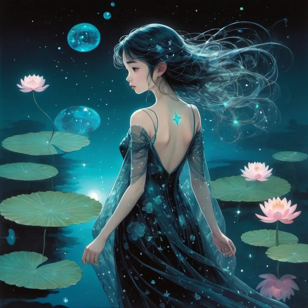 Prompt: beautiful girl, pixar, Yoshitaka Amano, midnight, lake, bioluminescent, veils, intricate frock, stars, silk, lilypads, nebula, galaxy, luminous, soft light, teal, pink, black