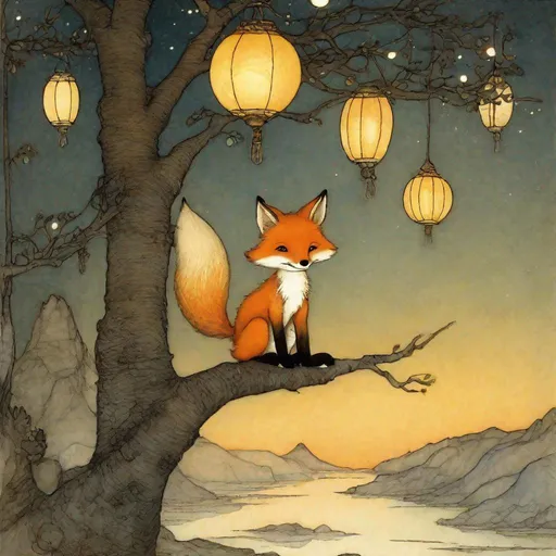 Prompt: Cute baby fox up on a tree branch with lanterns seeing sunset, colorful storybook illustrations by John bauer